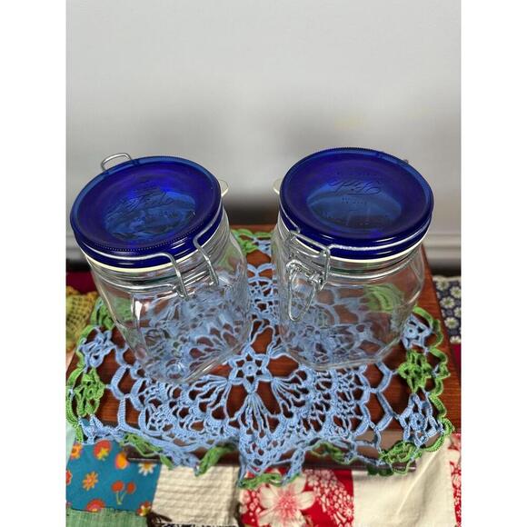 Other - 2 Vintage Bormioli Rocco With Cobalt Lids Glass Canning Mason Jars